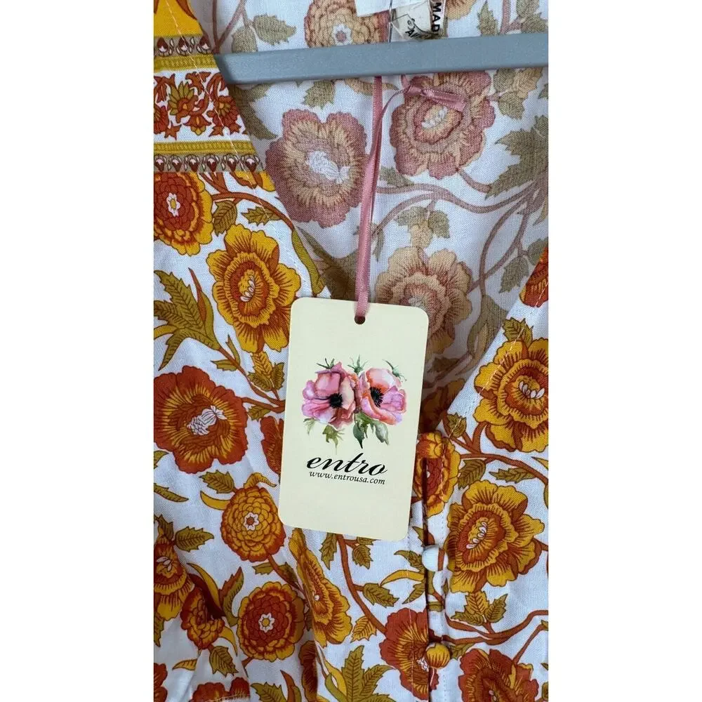 Entro Womens Orange Gold Floral Playsuit Romper Elastic Waist Size Small NWT
